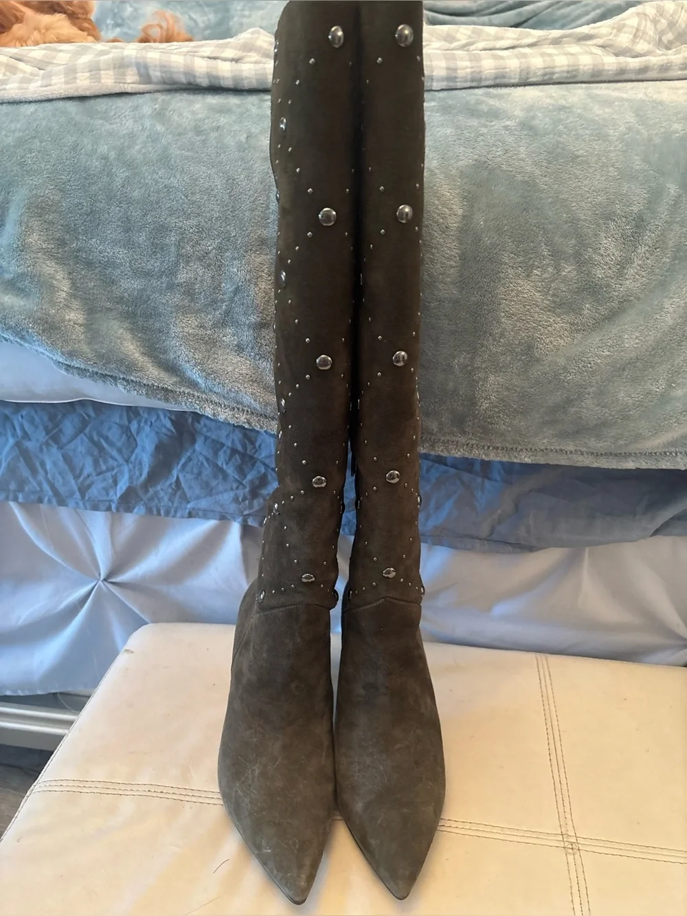 Vince Camuto Black Suede Over-the-Knee Pointed-Toe Boots with Stud Detail